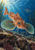 Copper-red fish with broad turquoise-rayed pectoral fins above a rocky seabed, with blue water, sunbeams, bubbles, and a smaller fish.
