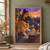 A seated woman shades her eyes while a ginger cat watches a small bird on a brick rooftop parapet at sunset.; frame shown for styling only