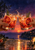Two hands clink clear tumblers of red-orange sparkling drinks with ice, citrus wheels, and rosemary, against a coral sunset over water.
