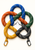 Five colored climbing-rope loops interlace around a gray mountain outline, with two carabiners hanging below on a warm-white background.