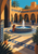 Circular blue-and-cream tiled fountain in a sunlit ochre courtyard with arcades, palms, patterned paving, and visitors.