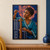 Portrait of a woman lifting a thread beside a small upright loom against an indigo and coral background.; frame shown for styling only