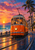 Orange vintage-style streetcar rounding seaside rails at sunset, with ocean, palms, buildings, and two passenger silhouettes.