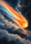 Orange-white comet with a multicoloured tail streaking diagonally through layered dark blue-gray clouds.