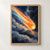 Orange-white comet with a multicoloured tail streaking diagonally through layered dark blue-gray clouds.; frame shown for styling only