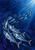 Three large silver-blue mackerel lead a school through deep indigo water toward light entering from the upper right.