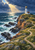 White lighthouse on a rocky grassy headland above foaming waves, with a narrow path and a sunlit break in storm clouds.