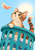 Wide-eyed calico kitten reaching from a teal basket toward a floating feather against a pale blue, sunlit backdrop.