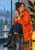 Woman in an orange-red raincoat holding a mug by a rain-streaked window, with a teal stool, plant, amber lamp and wet-floor reflections.