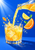 Clear bottle pouring citrus soda into an ice-filled tumbler, surrounded by citrus wedges, leaves, bubbles, and splashes on blue.