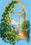 Cream arched window with an open sash, trailing plants, a potted citrus tree with orange fruit, and a coastal view beyond.