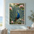 Blue peacock with an open eye-spotted tail fan amid pink magnolia blossoms, glossy foliage, mossy stones and garden water.; frame shown for styling only