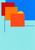 Three overlapping red and orange squares with a golden semicircle against vivid blue and pale aqua geometric fields.