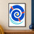 Cobalt spiral curling around a yellow disc, with three coral bars and turquoise arcs on white.; frame shown for styling only
