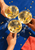 Three coupe glasses holding golden sparkling drink meet in a toast over a deep blue surface, with gold confetti and a coral-red napkin.
