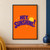 Bold violet HEY, SUNSHINE! lettering arcs across an orange ground with a yellow sun disk, rays, and pale spark shapes.; frame shown for styling only