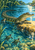 A crocodilian rests beside a sunlit river rock as two small turtles swim in the foreground among teal water and reeds.