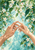 Two hands meet at their fingertips beneath white jasmine-like flowers, glossy leaves, and coral buds against a pale turquoise background.