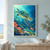 A patterned sea turtle glides diagonally through blue water above a reef, near a small orange-and-white clownfish, sea grass, and bubbles.; frame shown for styling only