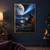 Seated figure in an orange chair sketches beneath a large cratered moon and bright comet.; frame shown for styling only