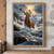 Russet-brown stag with branching antlers standing in foaming water below a bright storm-cloud opening in snowy mountains.; frame shown for styling only