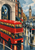 Red double-decker bus on a wet London-inspired street with pedestrians under umbrellas, stone architecture, a bridge, and distant clock tower.