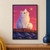 Fluffy white cat perched on a tiled rooftop, looking up at a glowing firefly against a raspberry-pink evening sky.; frame shown for styling only