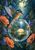A teal-and-orange kingfisher with partly spread wings perched on a reflective globe with a lily and greenery, amid colorful flowers.