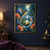 A teal-and-orange kingfisher with partly spread wings perched on a reflective globe with a lily and greenery, amid colorful flowers.; frame shown for styling only