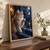 Fluffy silver-brown and cream cat with one paw raised, watching a glowing moth beyond a rain-speckled moonlit window.; frame shown for styling only