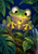 Speckled green tree frog gripping a glass terrarium rim and watching a glowing winged insect among tropical leaves against deep blue.