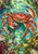 Red-orange shore crab holding a small spiral shell in a turquoise rocky tidepool with kelp and bubbles.