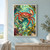Red-orange shore crab holding a small spiral shell in a turquoise rocky tidepool with kelp and bubbles.; frame shown for styling only