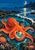 Orange-red octopus with curling pale-suckered arms around a green-blue sphere in a moonlit rocky tidepool beneath a crescent moon.