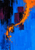 Molten-orange arc with scattered droplets sweeping across an electric-blue abstract field with dark plum and black blocks.