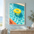 A bright yellow inflatable ring floats alone on sparkling turquoise pool water, with pale coping above and terracotta tiles at lower left.; frame shown for styling only