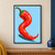 A large red-orange pepper curls into an S-shape on pale blue, with a green stem, golden flecks, and dark shadow.; frame shown for styling only