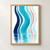 Five wavy blue, turquoise, aqua, and coral ribbons reflected as horizontal ripples on a white background.; frame shown for styling only