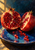 Two opened pomegranate sections packed with red arils on a blue plate, with loose seeds scattered below and warm light entering from the upper left.
