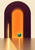Dark plum arch with a glowing orange opening, hovering turquoise sphere, and golden beam reflected across an ivory floor.