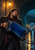 Bearded street musician playing a blue concertina in a rain-slick archway beneath an amber streetlamp.