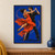 Two adult dancers turn together against a vivid blue background, the woman’s orange-red dress sweeping around them.; frame shown for styling only