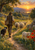 A shepherd with a walking stick and a black-and-white dog lead sheep along a winding meadow path, with a lamb among red poppies and a sunset-lit village in the distance.