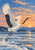 Red-crowned crane taking flight above snowy tidal water, with pine islands and an apricot-and-blue dawn sky.
