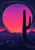 A tall dark saguaro cactus stands against a large pink-violet sun above desert mesas, star arcs and dark foreground scrub.