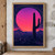 A tall dark saguaro cactus stands against a large pink-violet sun above desert mesas, star arcs and dark foreground scrub.; frame shown for styling only