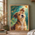 Shaggy brown-and-cream terrier-like dog looking upward among orange autumn leaves against a teal-green painterly background.; frame shown for styling only