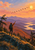 A backpacked hiker raises an arm toward birds flying over layered sunset mountains, pines, and a bright valley.
