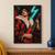Theatrical musician with geometric face makeup holding a red-and-black electric guitar beneath turquoise lightning.; frame shown for styling only