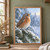 Copper, cream and brown songbird calling from a snow-covered evergreen branch as snowflakes fall.; frame shown for styling only